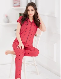 Lotik Women's Cotton Pink & Rani  Heart Print Front-Open Nightsuit Set - S, Pink, Cotton, Multipack of1